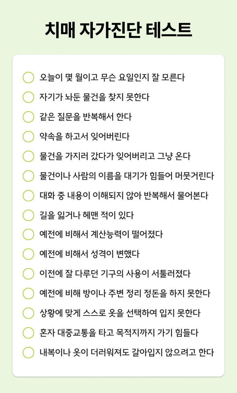 기억력과 인지기능 변화를 확인하는 치매 자가진단 체크리스트
